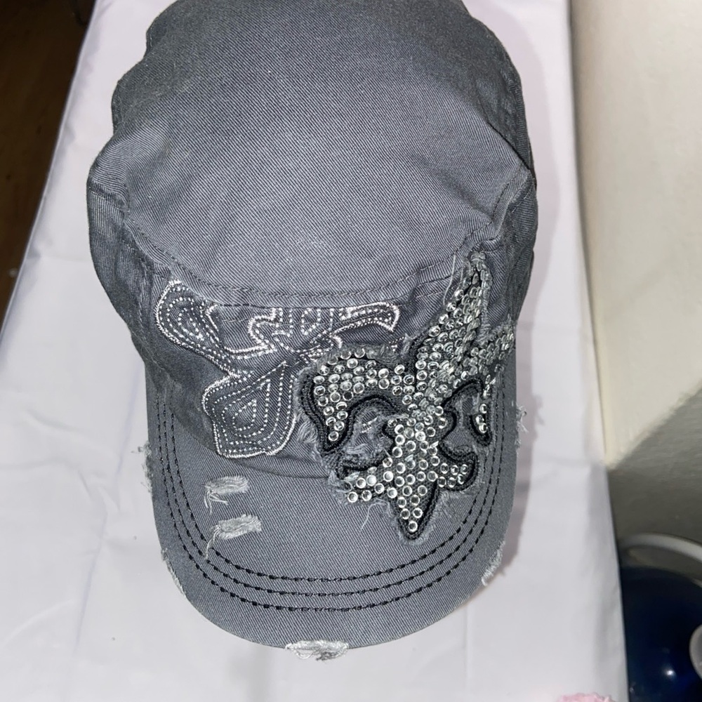 Embellished Gray Military Cap with Rhinestone Fleur-de-Lis